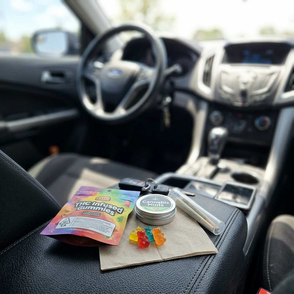 THC infused gummies, cannabis mints tin, pre-rolled joint, and car keys on car center console