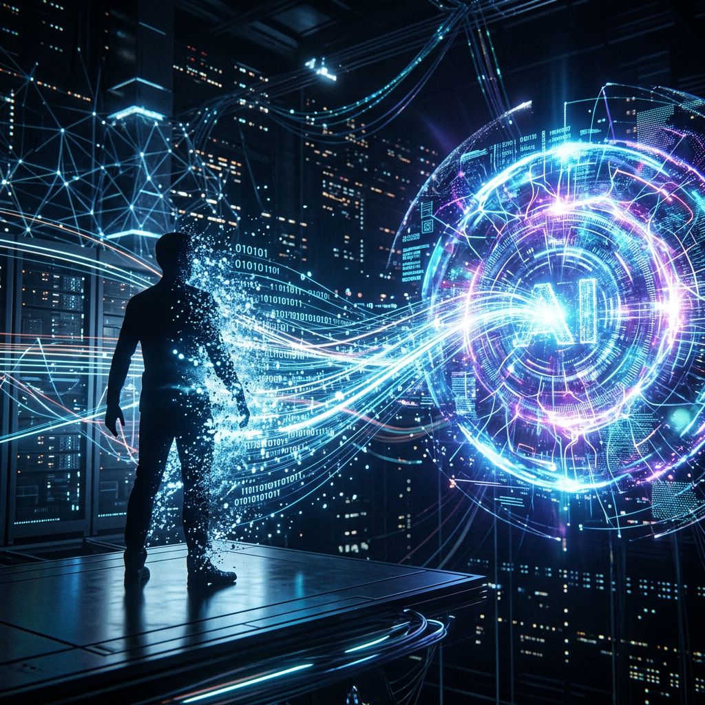 Silhouette of person merging with digital data streams toward AI globe