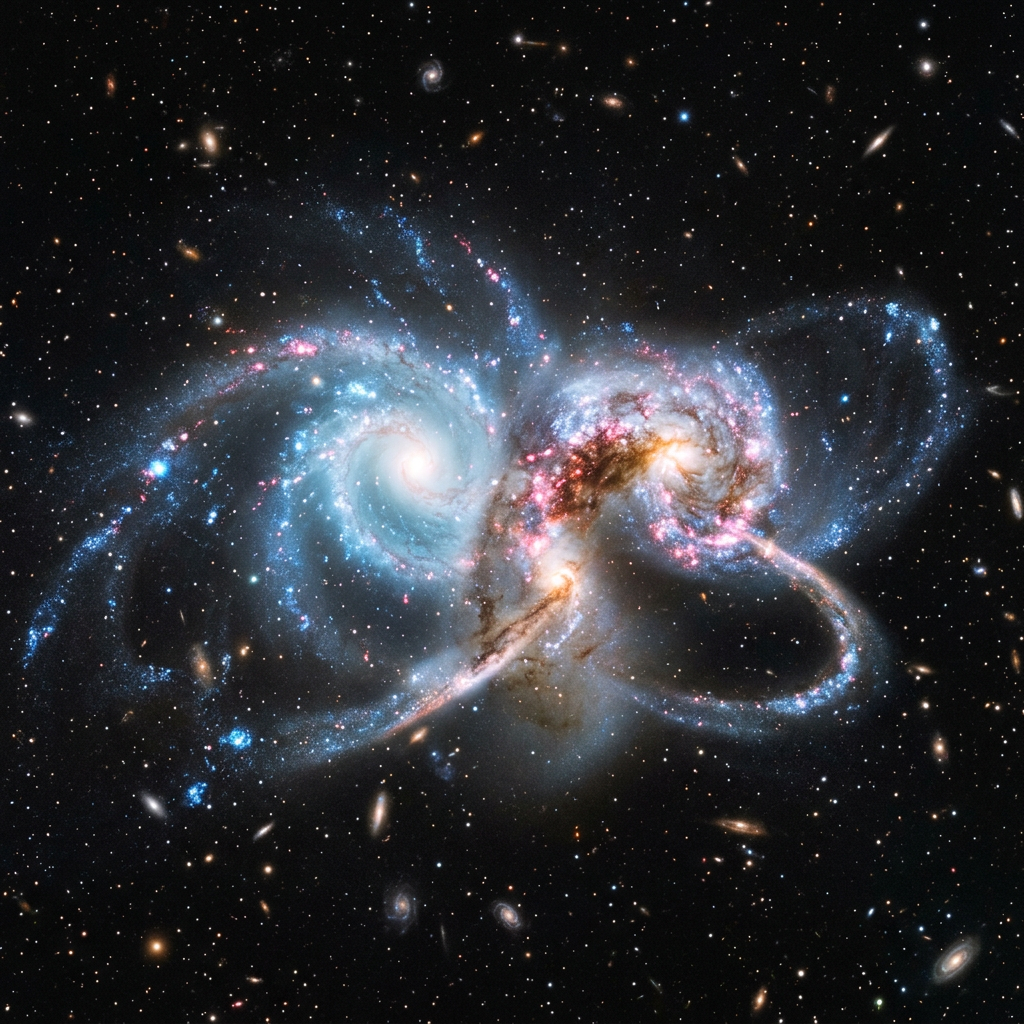 Two interacting spiral galaxies merging with bright star-forming regions