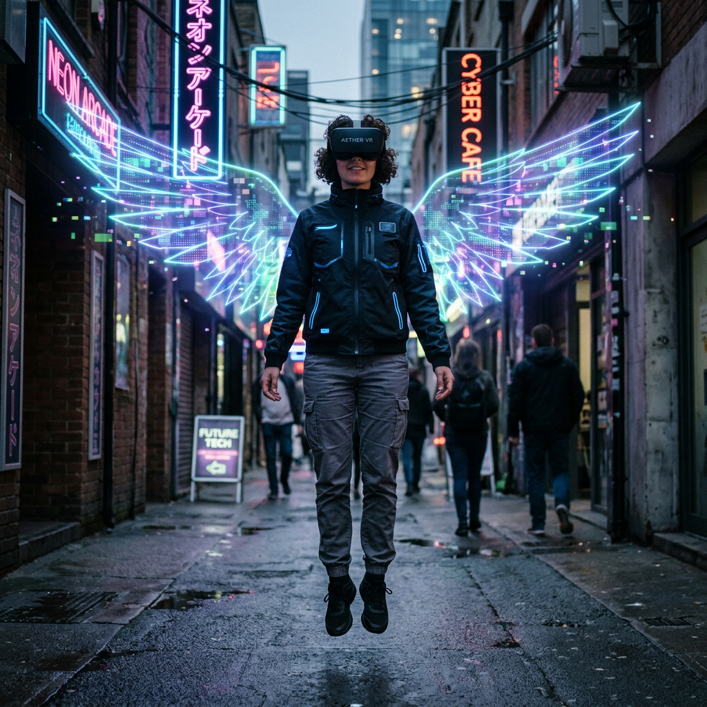 Person wearing VR headset with glowing neon digital wings in an urban alley