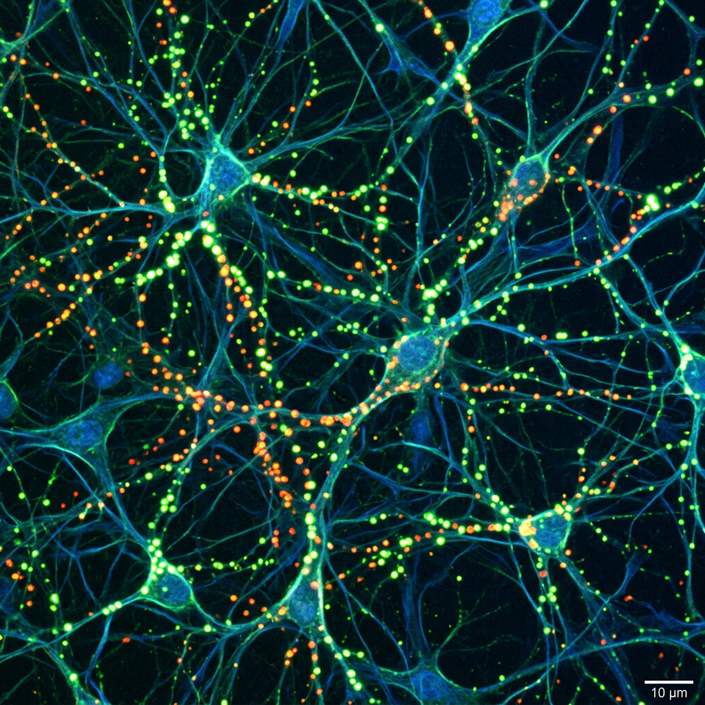 Neurons with glowing green and red synaptic vesicles under fluorescence microscopy