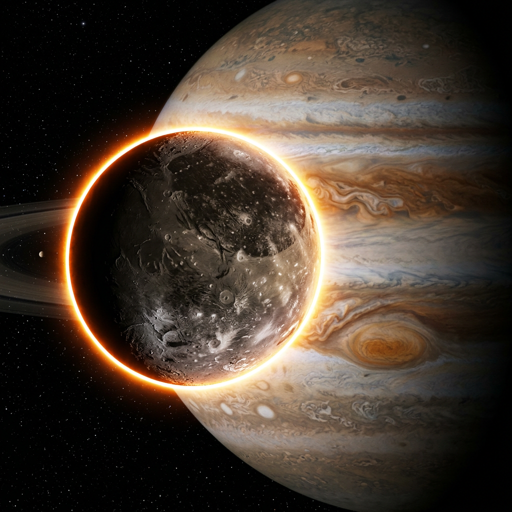 A dark moon with craters eclipsing bright Jupiter with swirling clouds and Great Red Spot