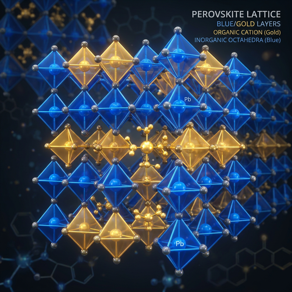 Perovskite lattice showing blue inorganic octahedra and gold organic cations in layered structure