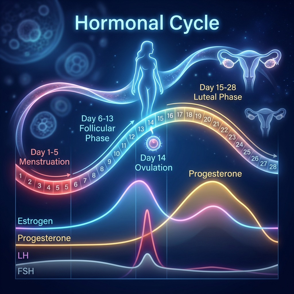 Graph of hormone levels during menstrual cycle phases with ovulation on day 14