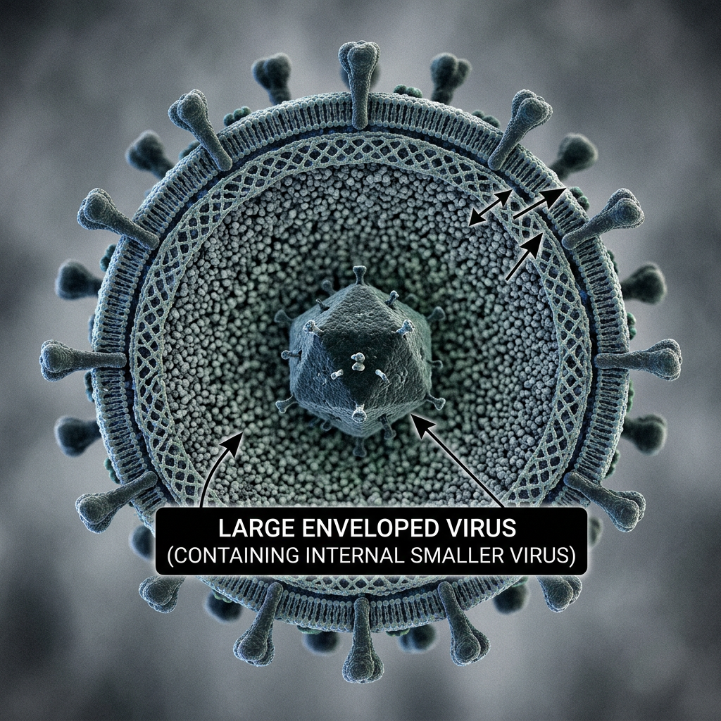 Cross-section of a large enveloped virus with internal smaller virus