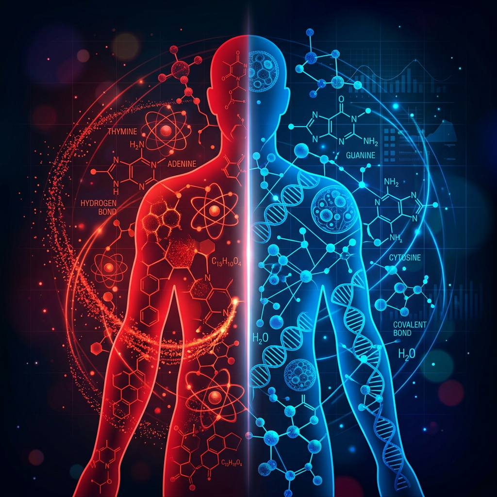 Human silhouette split into red and blue molecular and DNA structures with chemical formulas