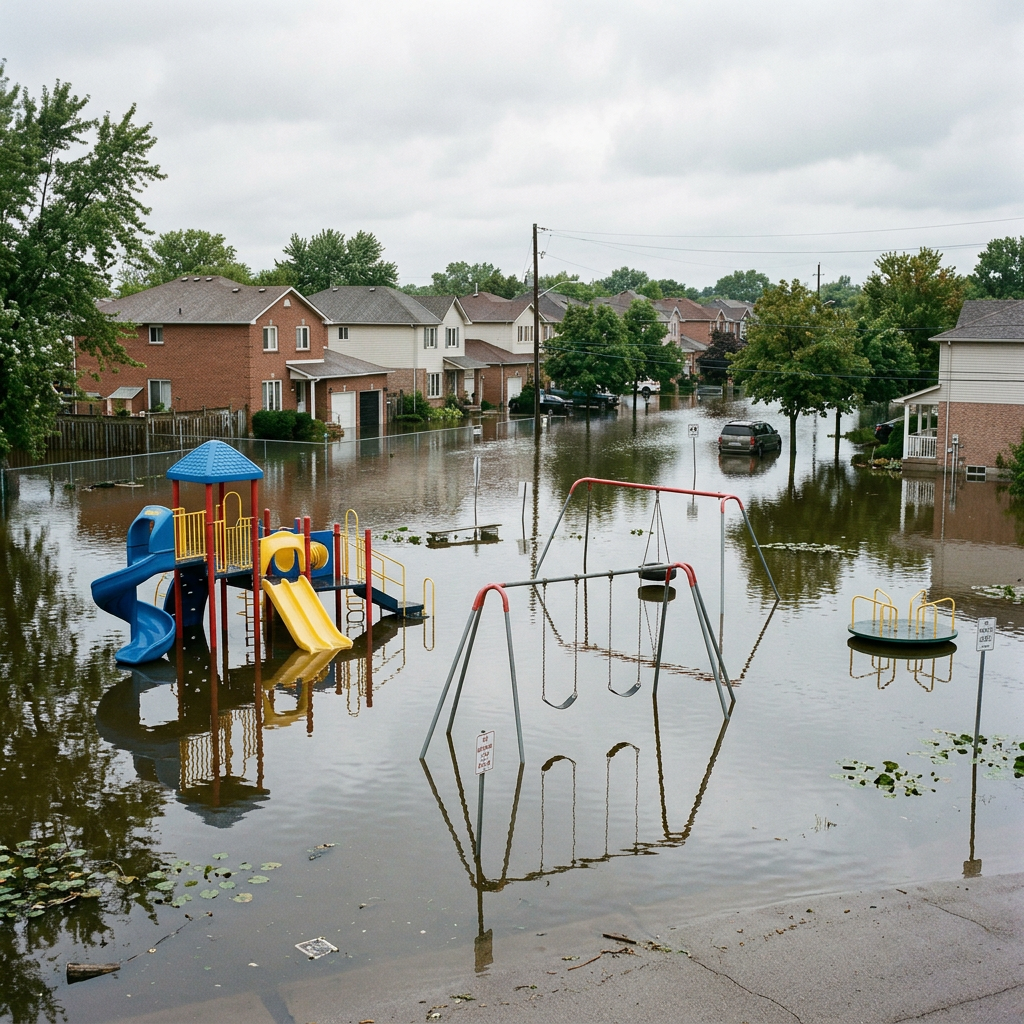 Flooded playground with slides, swings, and houses submerged in water