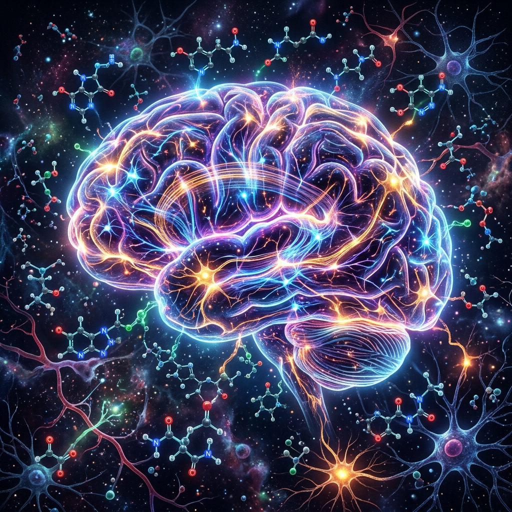 Glowing brain with interconnected neurons and surrounding molecular structures