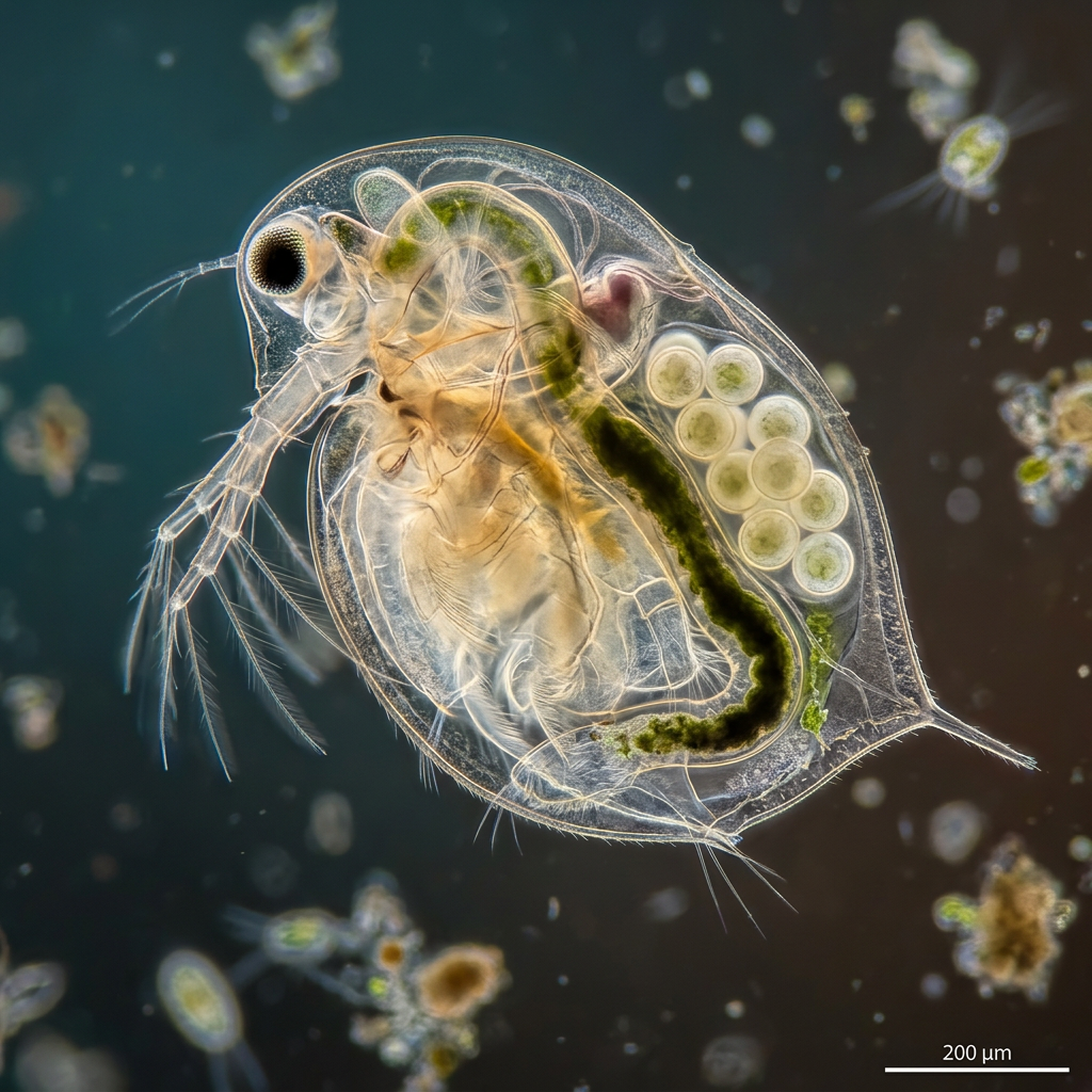 Transparent water flea with visible internal organs and eggs under a microscope