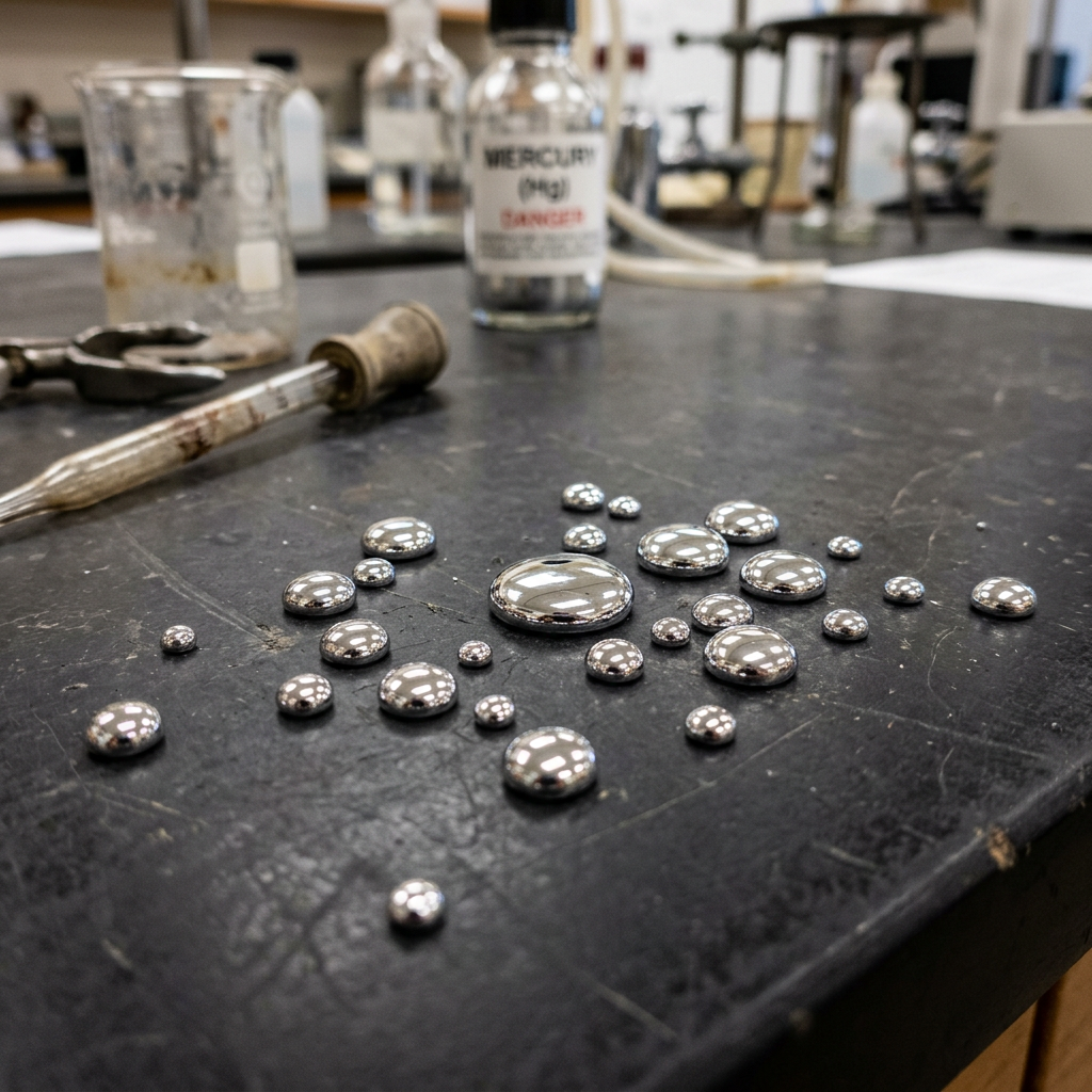 Shiny silver mercury droplets of various sizes on a black lab bench surface