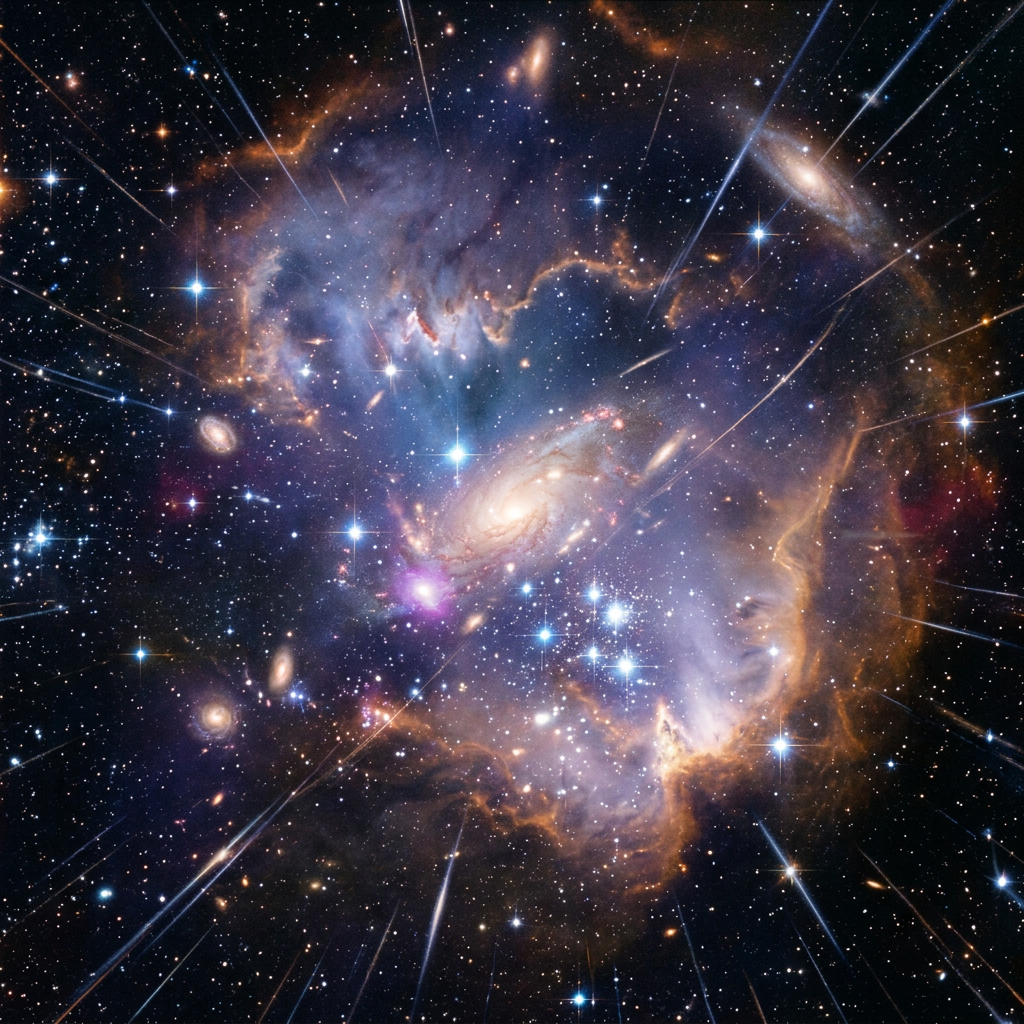 Galaxy with spiral arms surrounded by glowing nebula and numerous bright stars