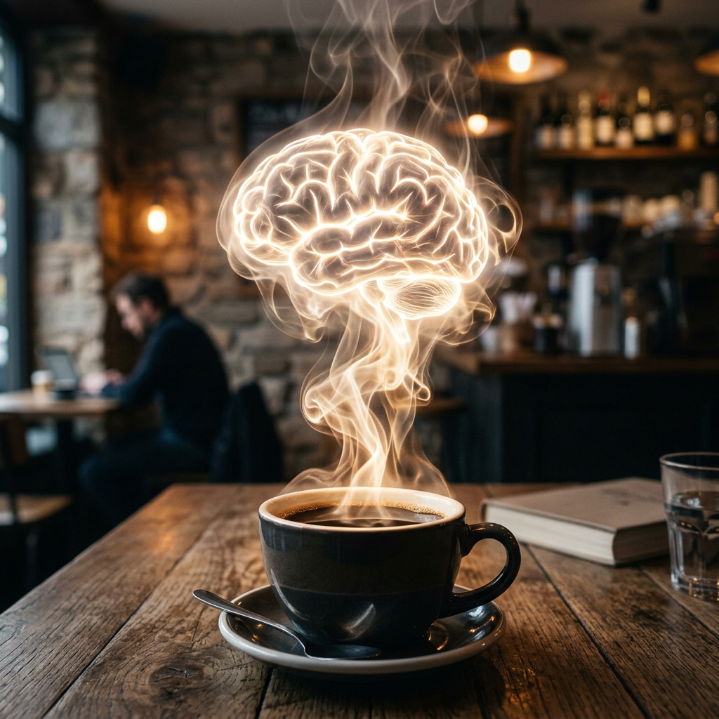 Hot coffee cup with steam forming a brain shape