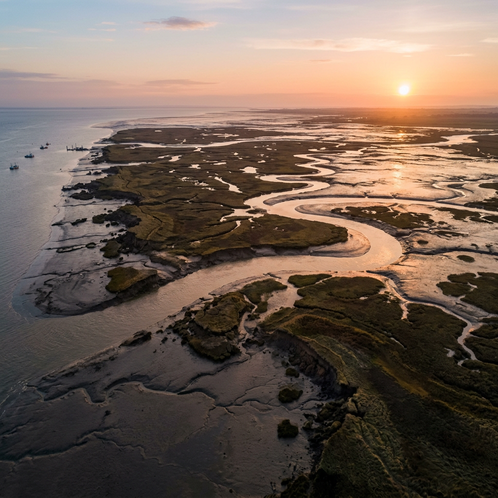 Winding river through coastal marshlands during sunset with boats offshore