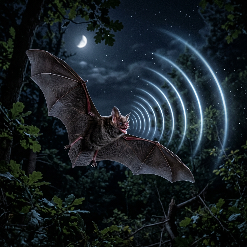 Bat flying at night emitting echolocation sound waves
