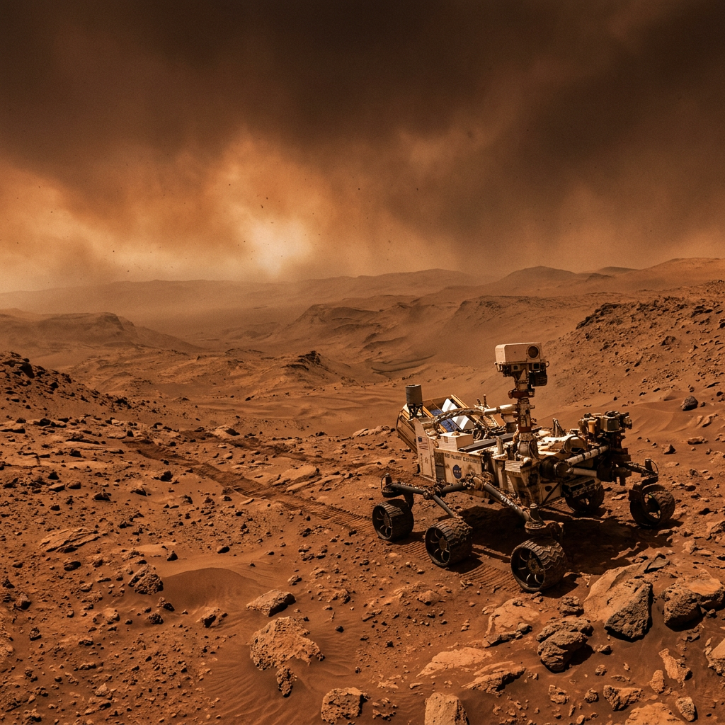 Mars rover on rocky red planet surface with dusty sky