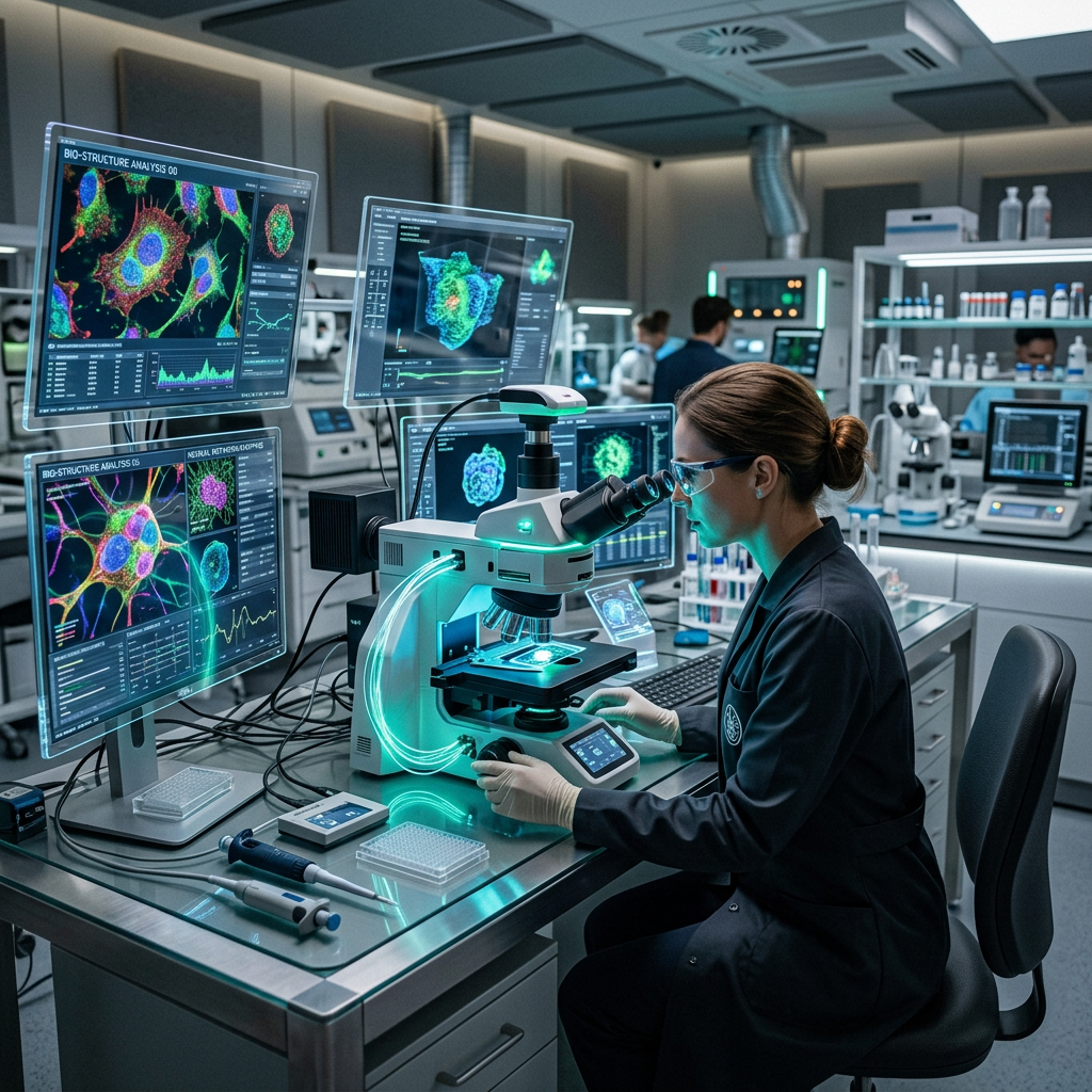 Scientist using microscope with digital screens showing colorful cell images