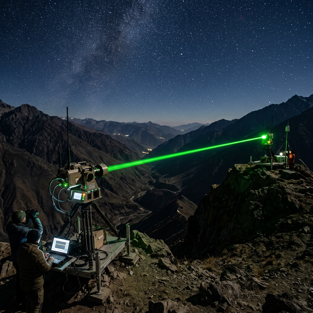 Laser communication setup using green laser between two mountain peaks at night