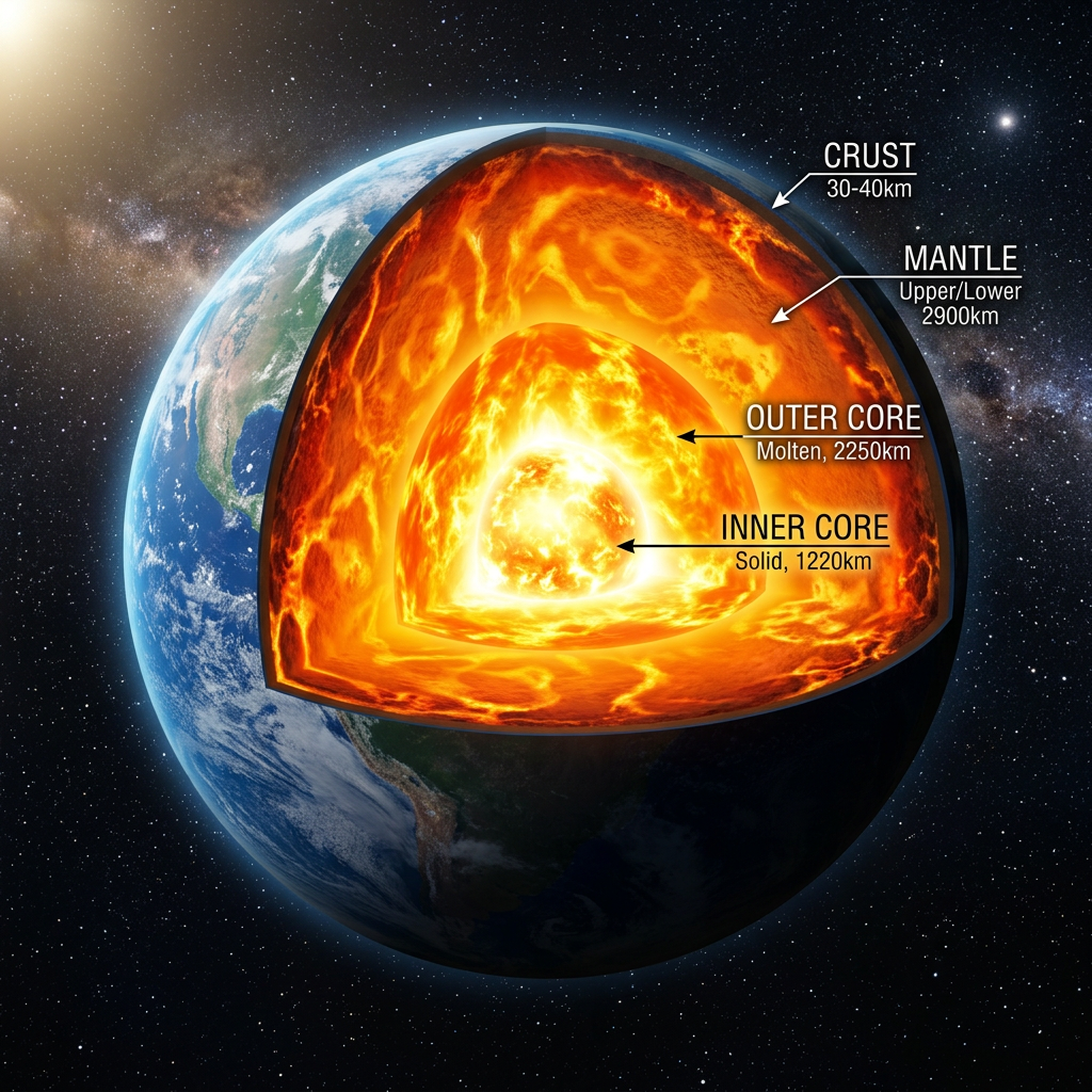 Cross section of Earth illustrating crust, mantle, outer core, inner core with depth labels