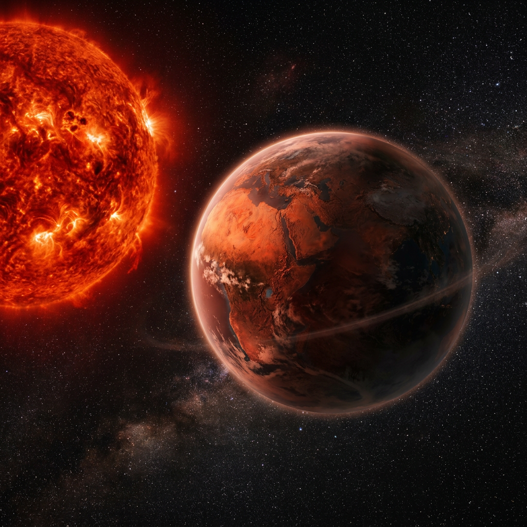 Red planet with detailed surface textures near an active, glowing sun in space