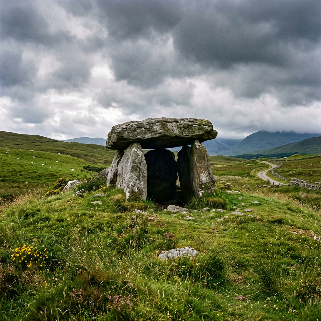 Prehistoric dolmen made of large upright stones supporting a flat capstone on grassy moorland