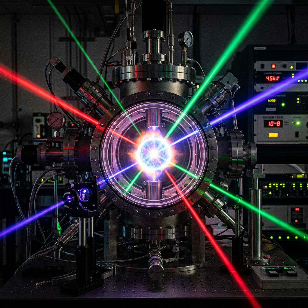 Laser beams of red, green, and blue colors intersecting inside a scientific vacuum chamber setup