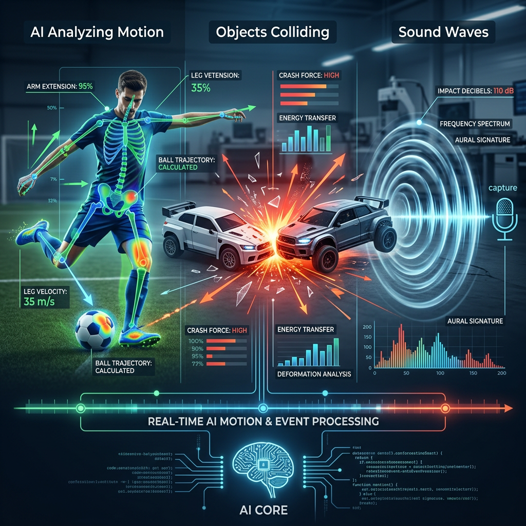 AI analyzing motion of soccer player, collision between cars, and sound wave analysis