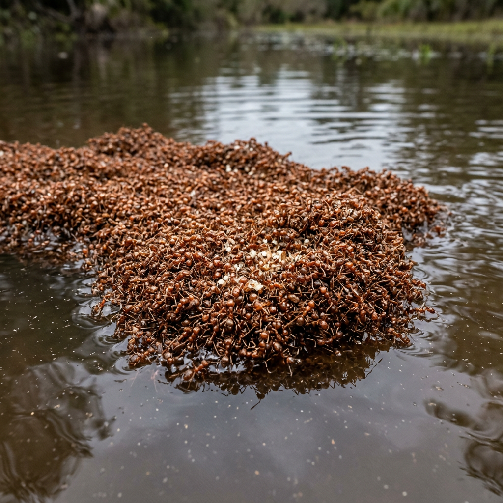 Fire ants clustered together forming a floating raft on water surface