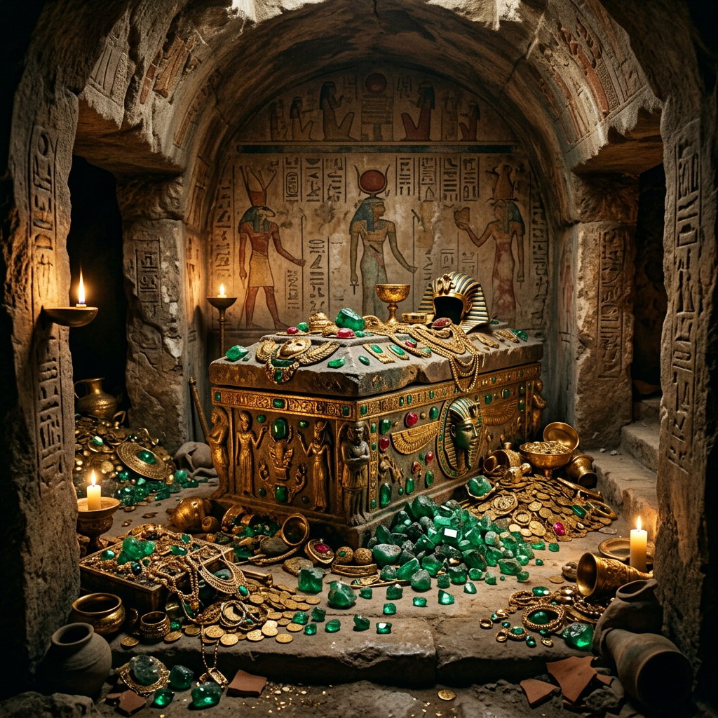 Ancient Egyptian tomb interior with a richly decorated sarcophagus and scattered gold coins, emeralds, and artifacts