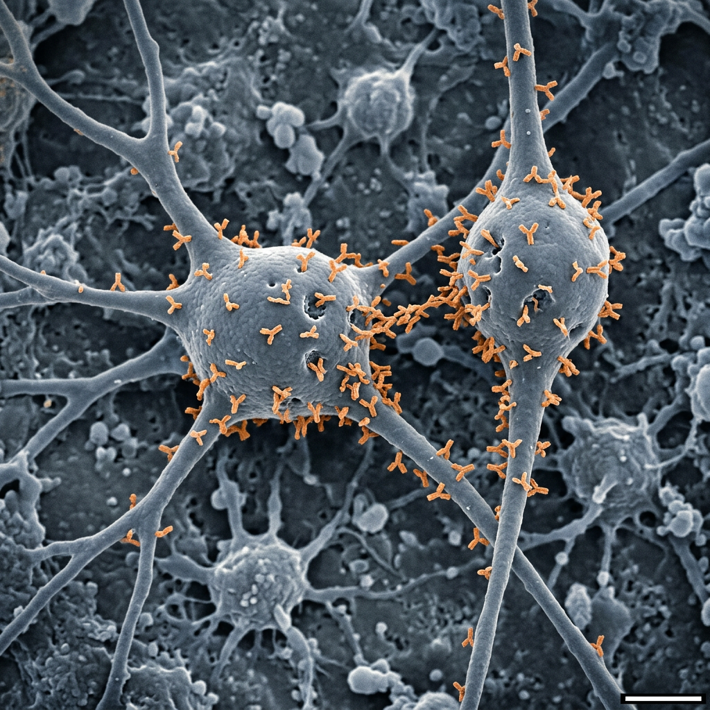 Neurons covered with antibodies in brain tissue under microscope