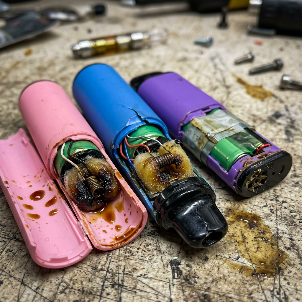 Disassembled pink, blue, and purple vape devices with burnt coils and leaking e-liquid on a workbench