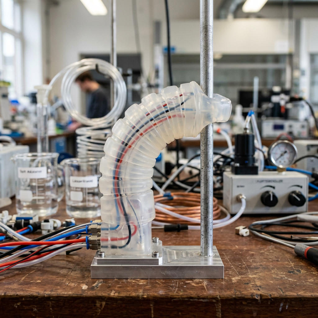 Transparent flexible silicone tube with colored internal wires mounted on metal base in lab