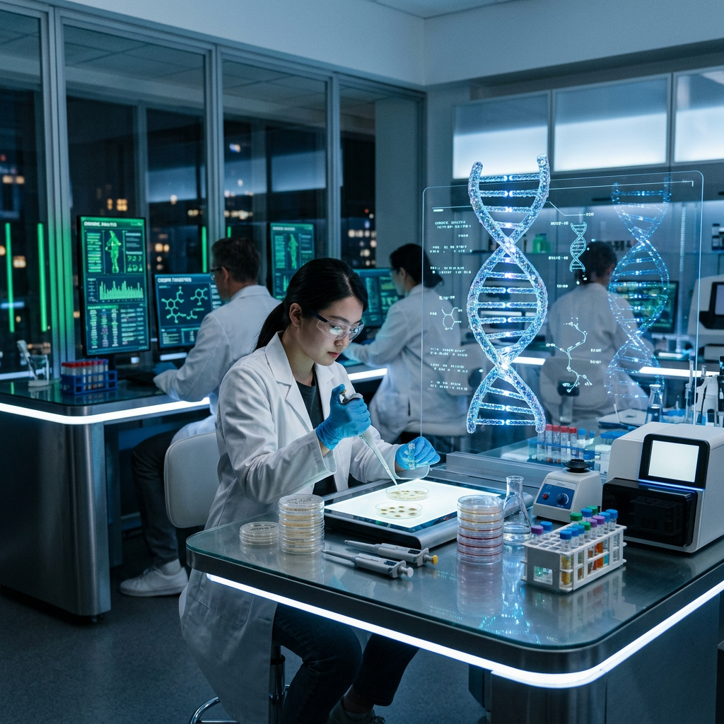 Researchers in lab coats working with petri dishes and digital DNA holograms in a modern lab