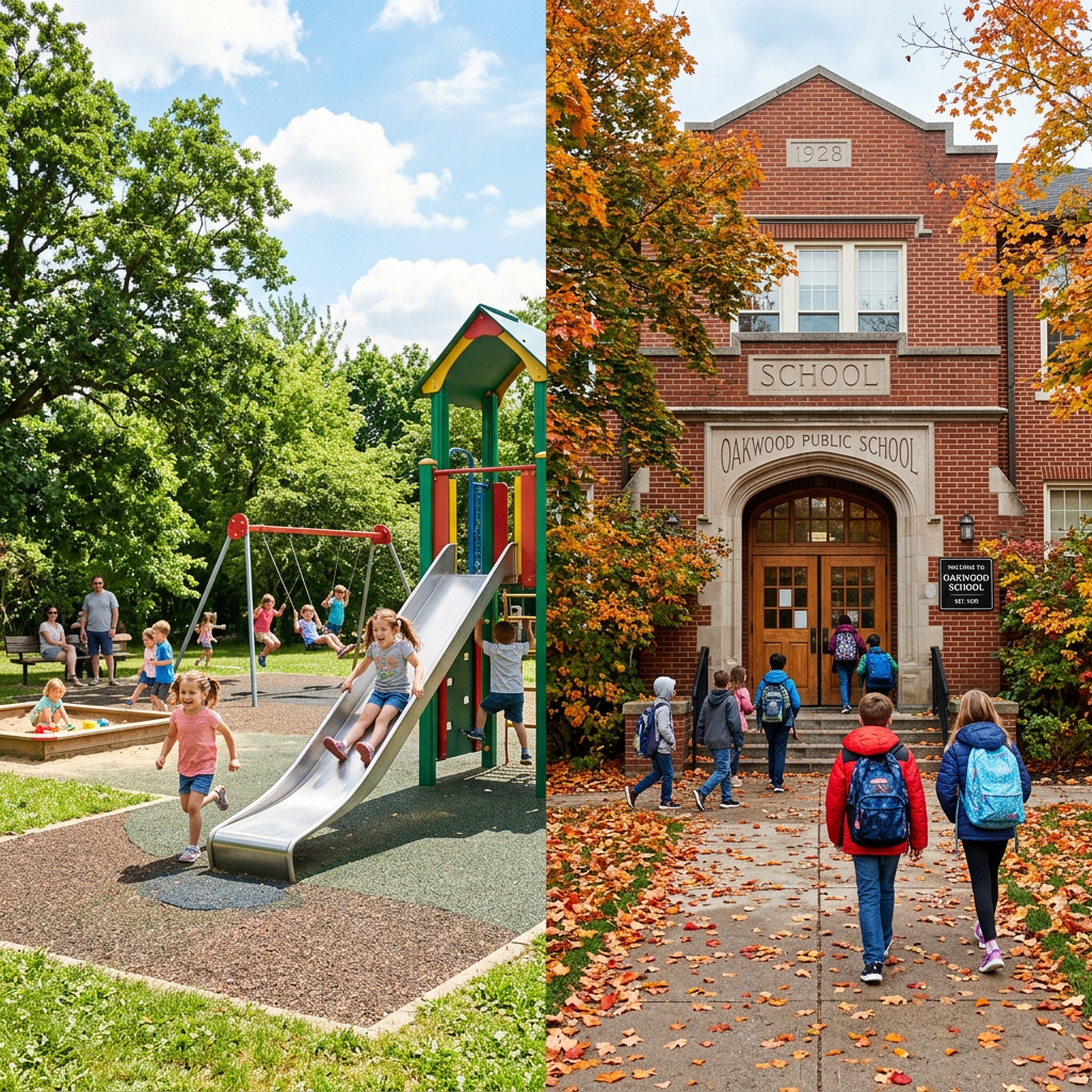 Children playing on playground equipment and walking into Oakwood Public School building