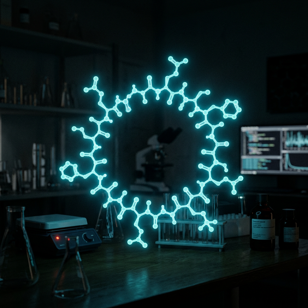 Glowing digital molecular structure hovering over laboratory equipment including test tubes and microscope