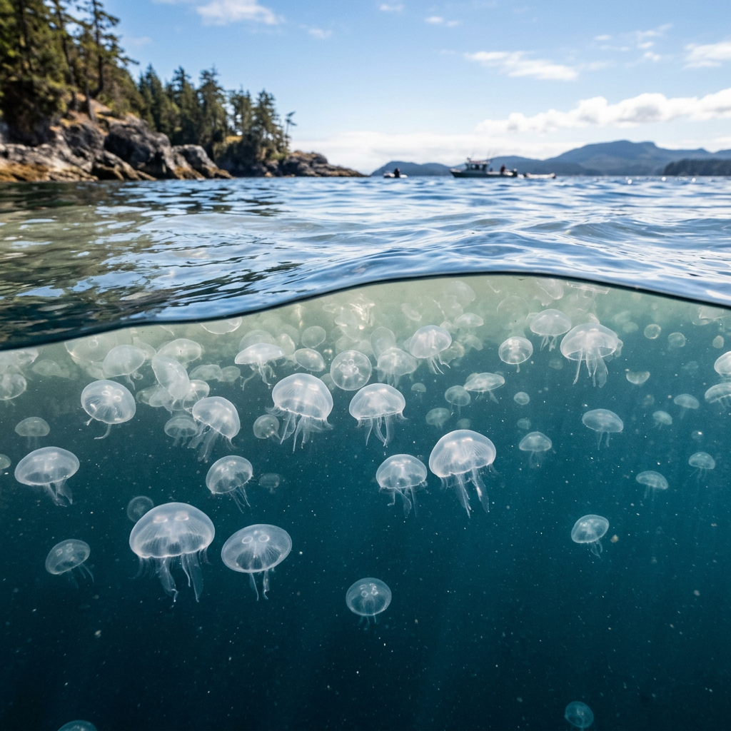Transparent jellyfish swimming underwater near rocky coast with boats and trees above water