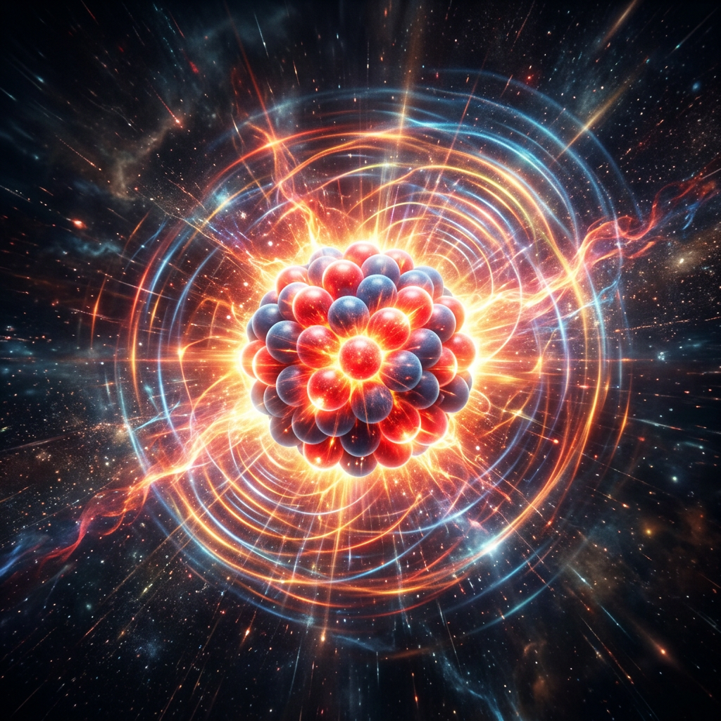 Atomic nucleus with red and blue protons and neutrons emitting glowing energy waves