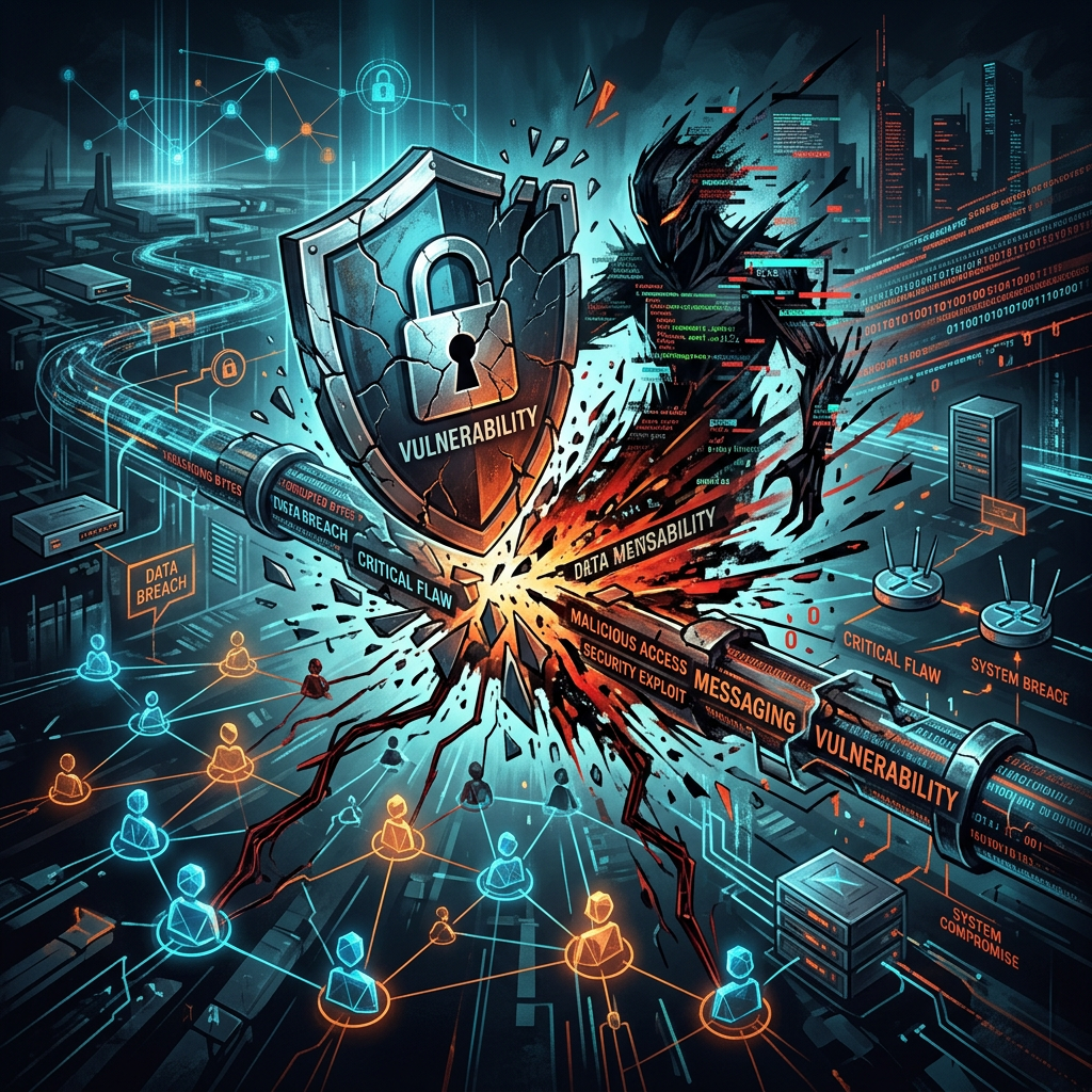 Broken shield labeled vulnerability being attacked by dark figure with cybersecurity terms