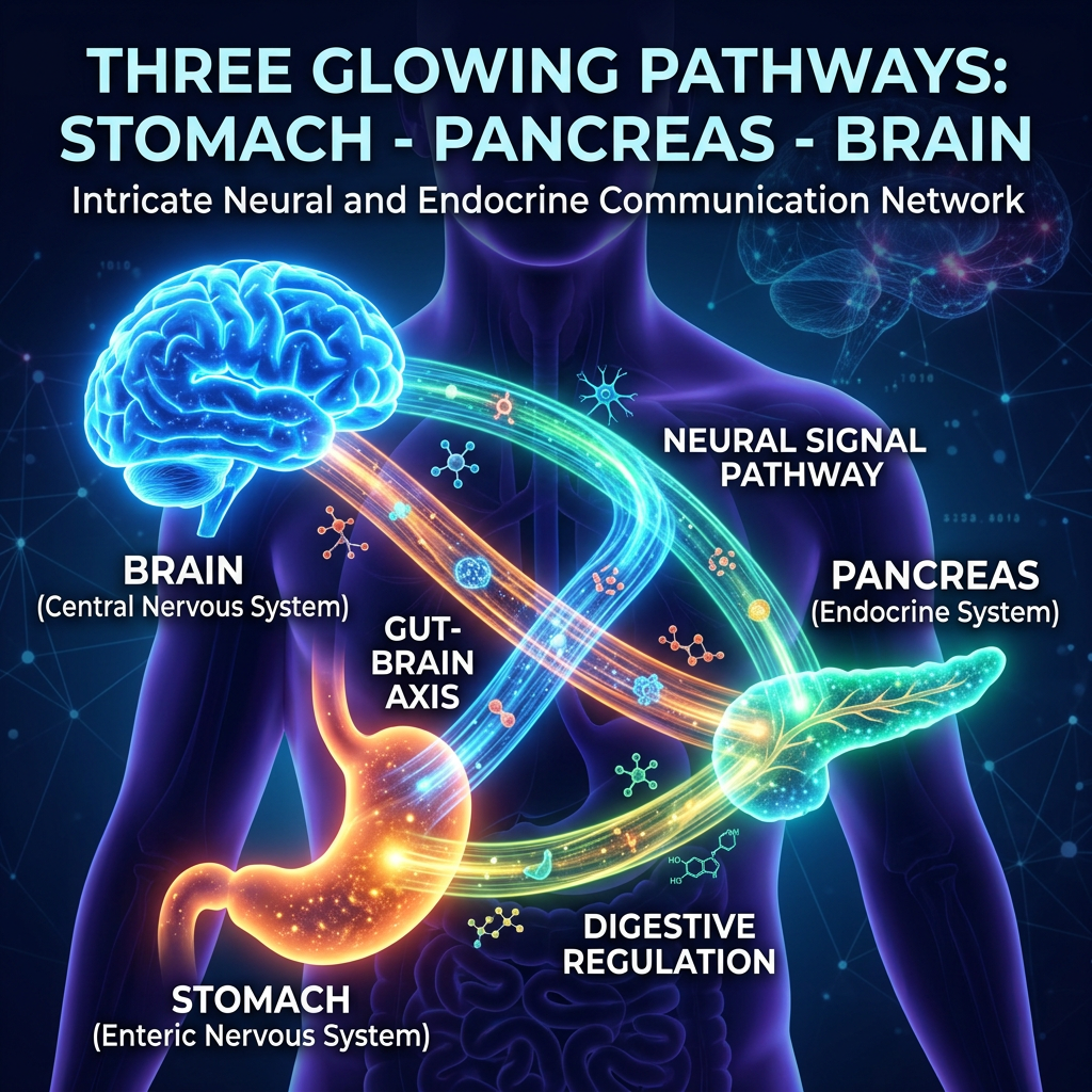Diagram of neural and endocrine pathways connecting stomach, pancreas, and brain