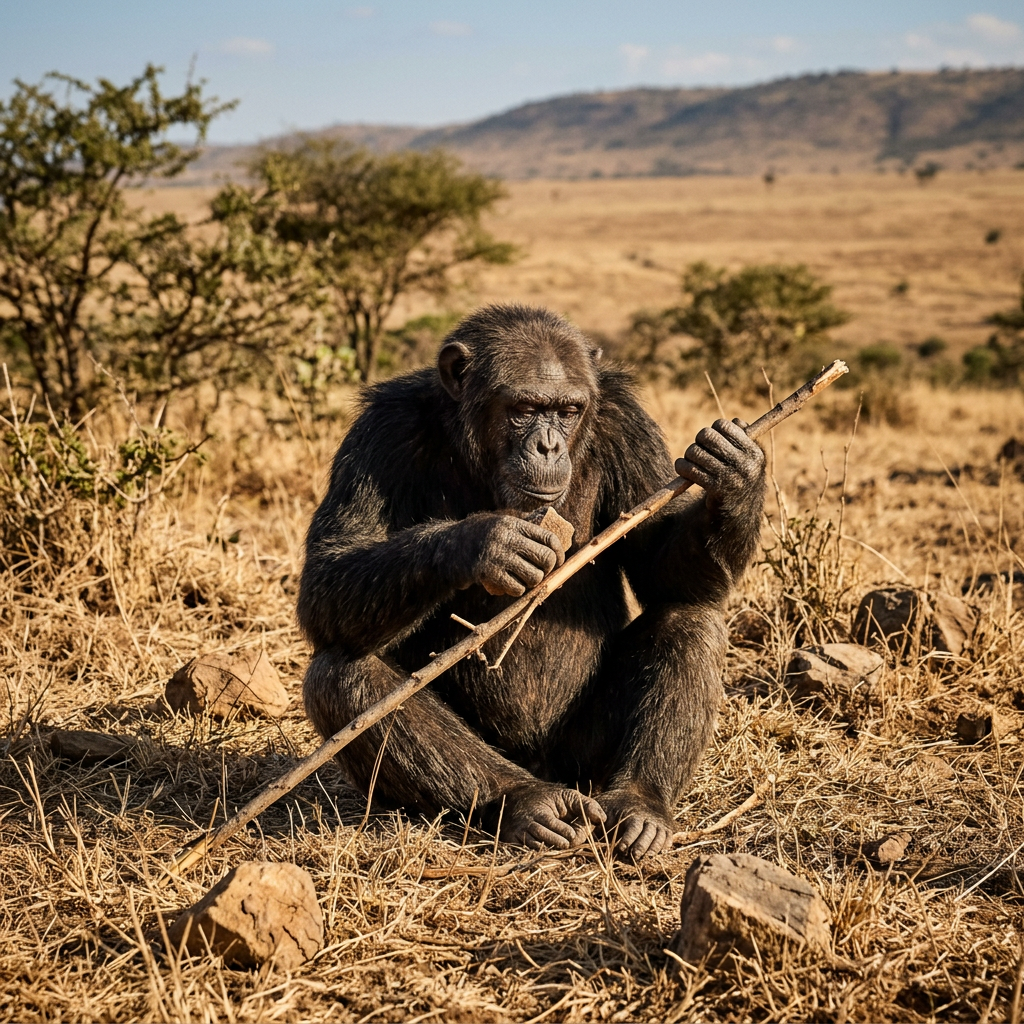 Chimpanzee holding and inspecting a stick while sitting on dry grass