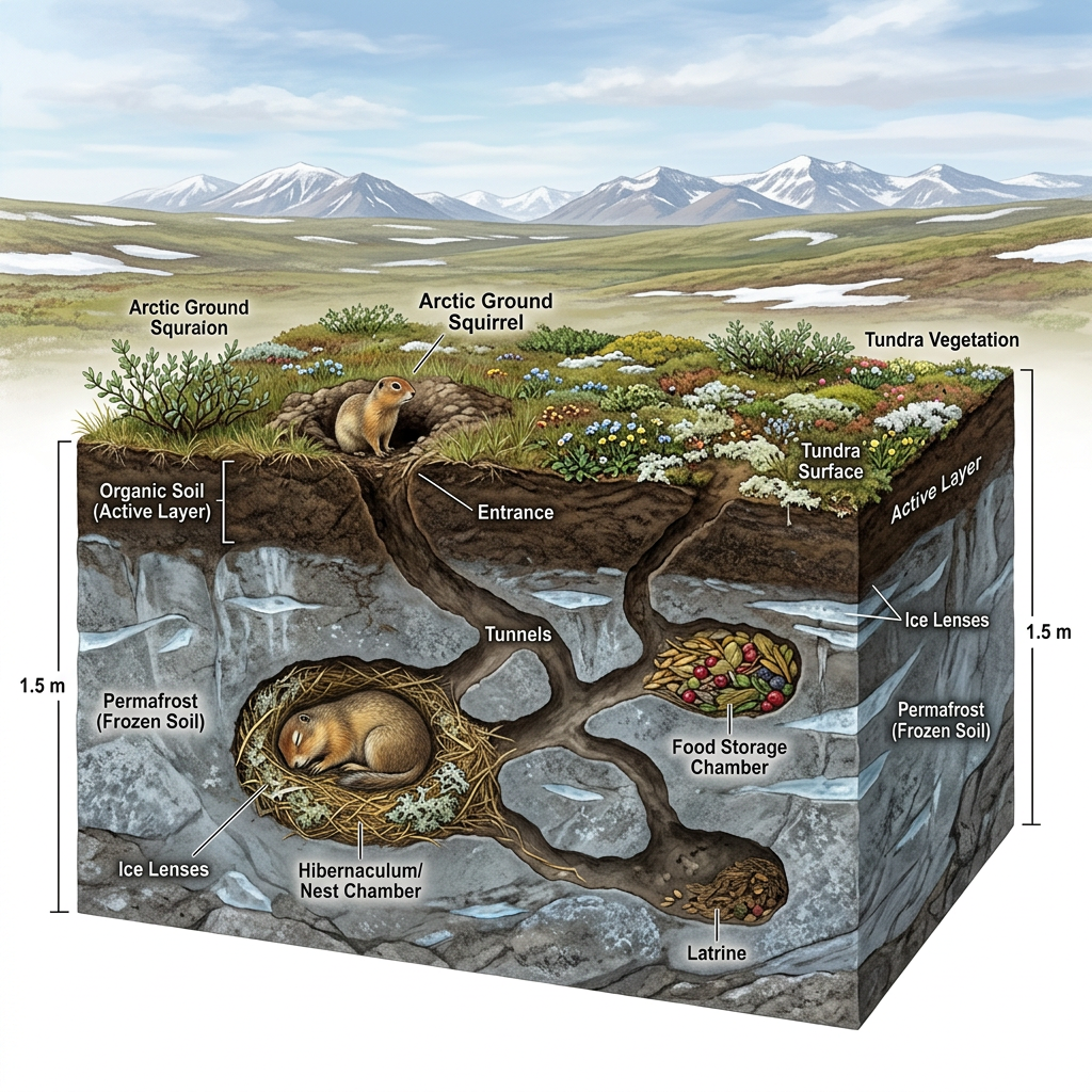 Cross-section showing arctic ground squirrel burrow with nest, tunnels, and food storage below tundra surface.