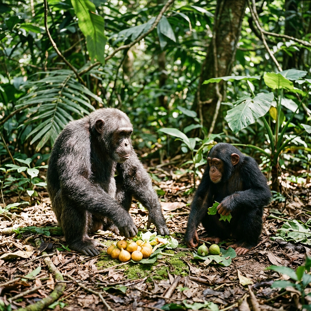 Two chimpanzees sitting on forest floor with assorted fruit and leaves