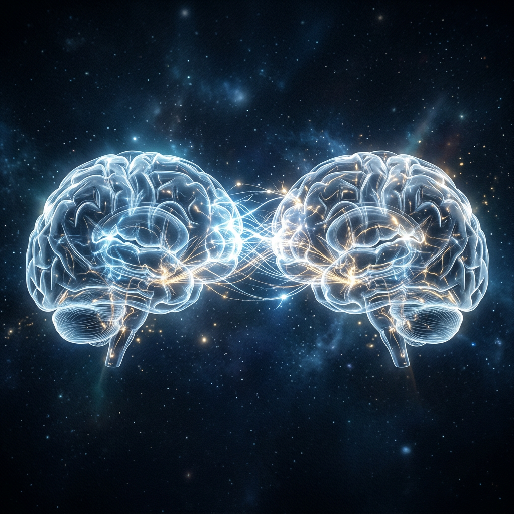 Two glowing brains connected by light strands symbolizing neural communication