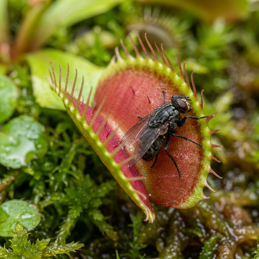 Venus flytrap with open red trap holding a black fly