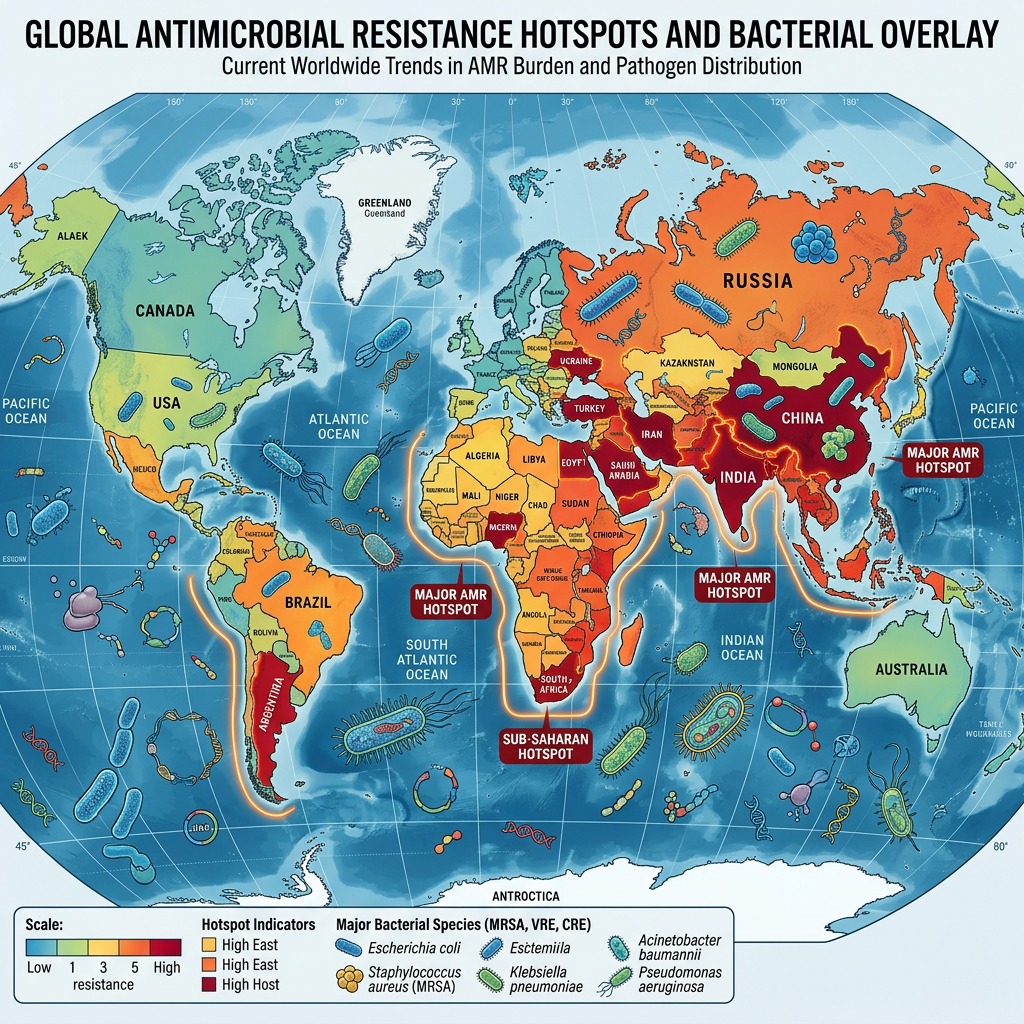 World map showing antimicrobial resistance hotspots and distribution of major bacterial species