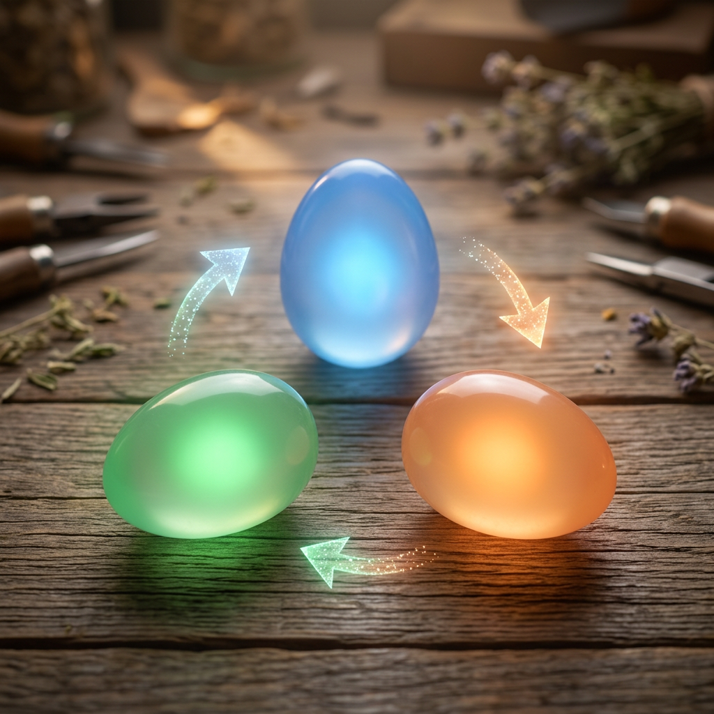 Three glowing eggs in blue, orange, and green connected by glowing arrows on a wooden surface