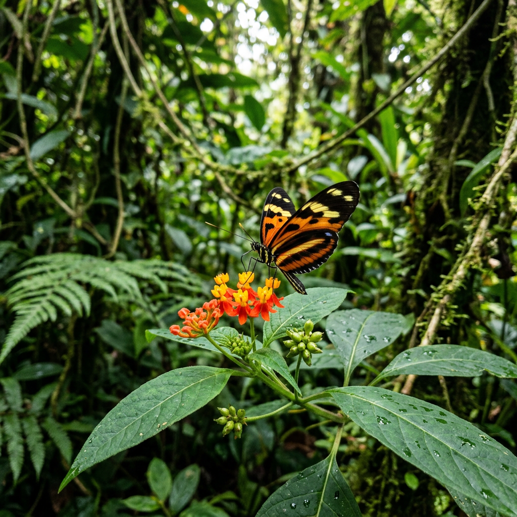 Orange and black butterfly perched on vibrant orange and yellow flowers with green leaves in dense forest
