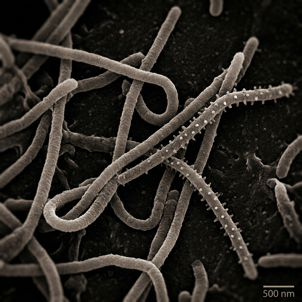 Filamentous Ebola virus particles with textured surfaces under electron microscope