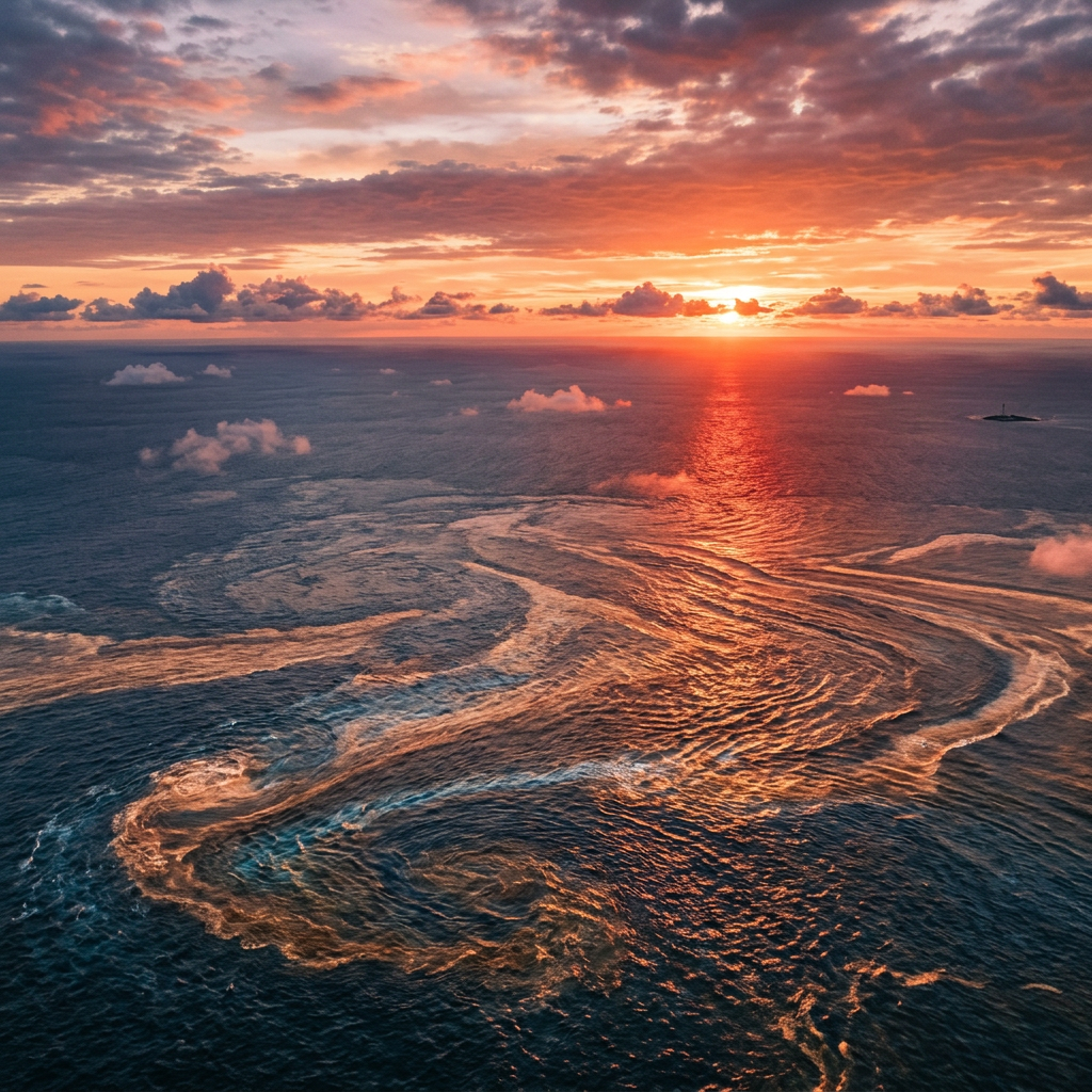 Sunset over ocean with swirling water currents and scattered clouds