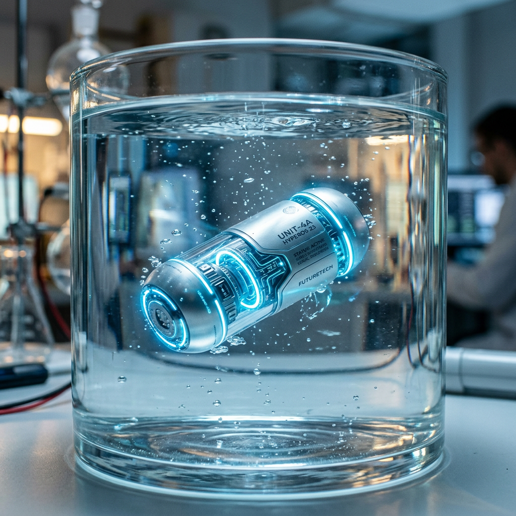 Futuristic capsule labeled UNIT-4A submerged in water with glowing blue details inside a glass container