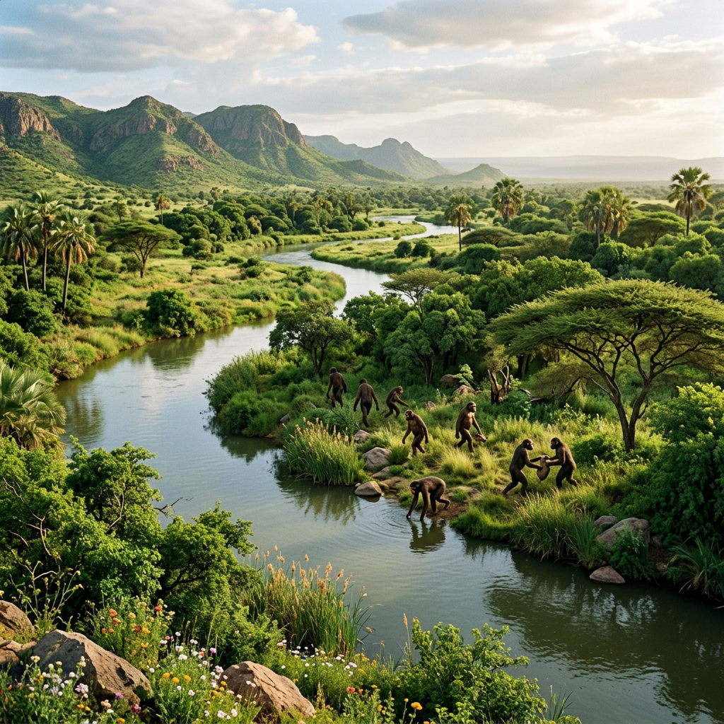 Early human ancestors interacting near a river in a green prehistoric environment